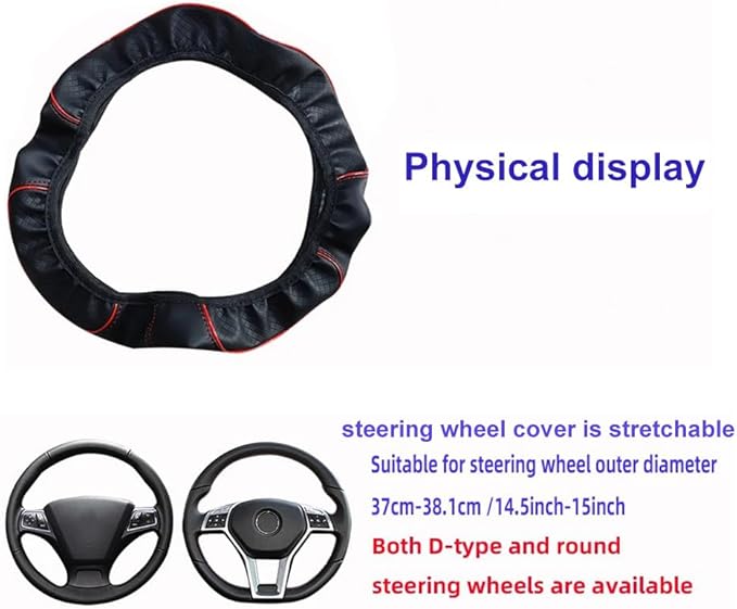 Queenbox Faux Leather Car Steering Wheel Cover, Anti-Slip Grip Diamond Quilted Protector Universal for 14.5-15in Round D Vehicle SUV Truck, Black