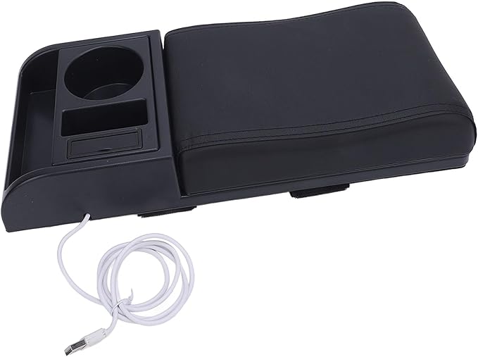Fydun Center Console Armrest Box Cover Adjustable Length with USB Charging Port Cup Holder Universal for Most Vehicles (Black Line)