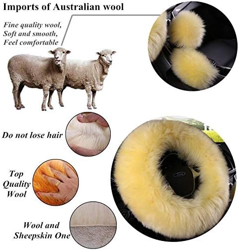 15inches Universal Leather Car Steering Wheel Cover Car Accessories Colorful Fuzzy Steering Wheel Cover Gear Shift Cover Handbrake Cover (Khaki)