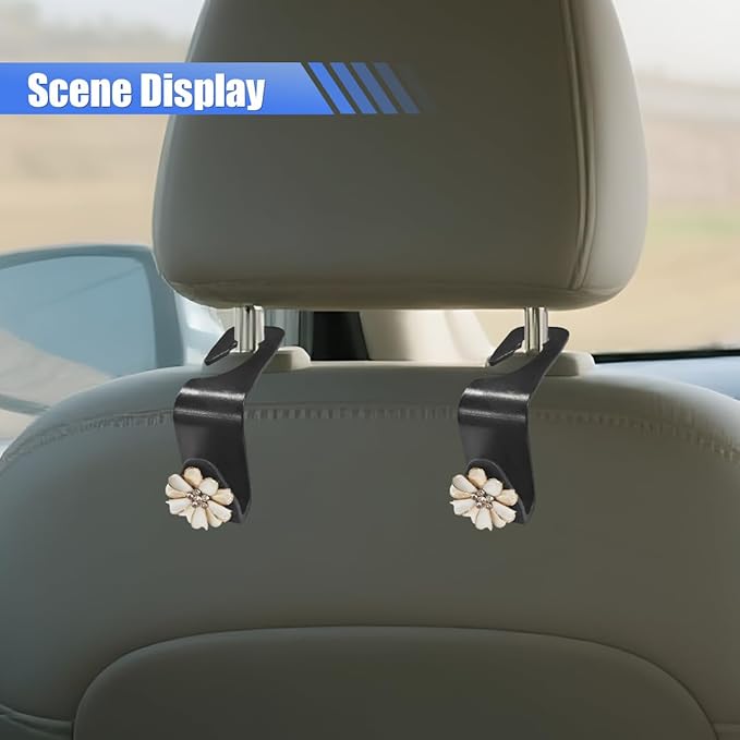 Craedli 2PCS Bling Flower Car Seat Headrest Hook, Cute Rhinestones Car Mini Hook Auto Back Seat Hanger Organizer, Portable Vehicle Interior Bag & Purse Storage Holder for SUV, Sedan, Truck (White)