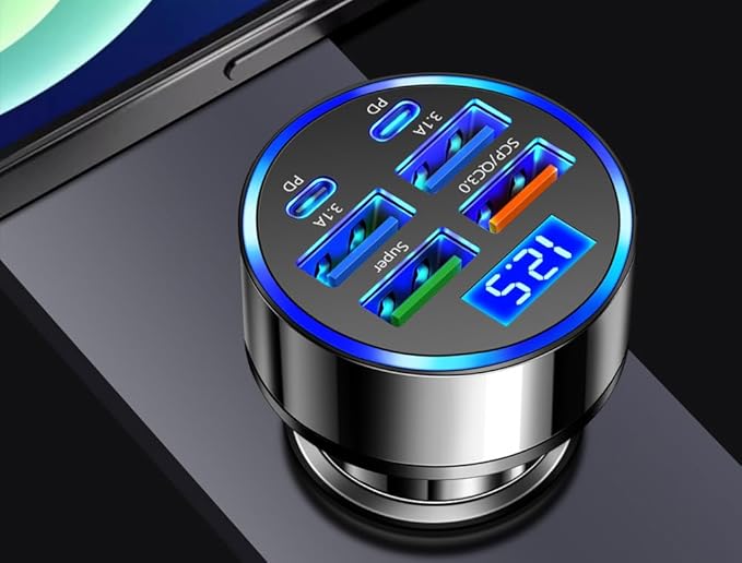 120W Super Fast Charging 6-Port USB-C Car Charger with LED Voltage Display | Multi-Device Cigarette Lighter USB Adapter for iPhone & Android