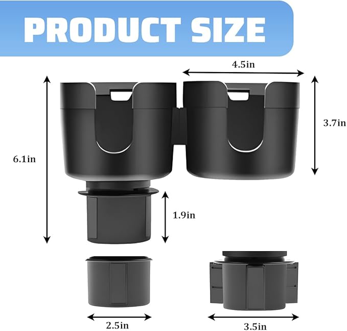 Car Double Cup Holder Expander, 2 in 1 Multifunctional Vehicle Cup Holder Adapter with Adjustable Base, Auto Drink Bottles Extender Organizer, Universal for SUV Automobile Truck (Black)