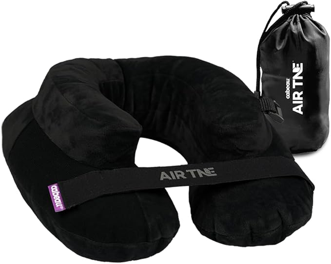 Cabeau Inflatable Travel Pillow – Air TNE – Adjustable, Lightweight, and Supportive for Sleeping on Airplanes, Trains, and Cars– Customized Fit and Compact Carrying Case (Midnight Black)
