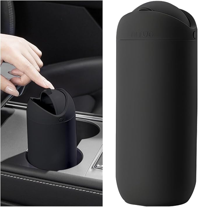 Car Trash Can with Lid, Silicone Leakproof Mini Round Vehicle Garbage Bin for Cup Holder, Portable Automotive Interior Waste Storage & Organizers Accessories, Universal Fit (Black)
