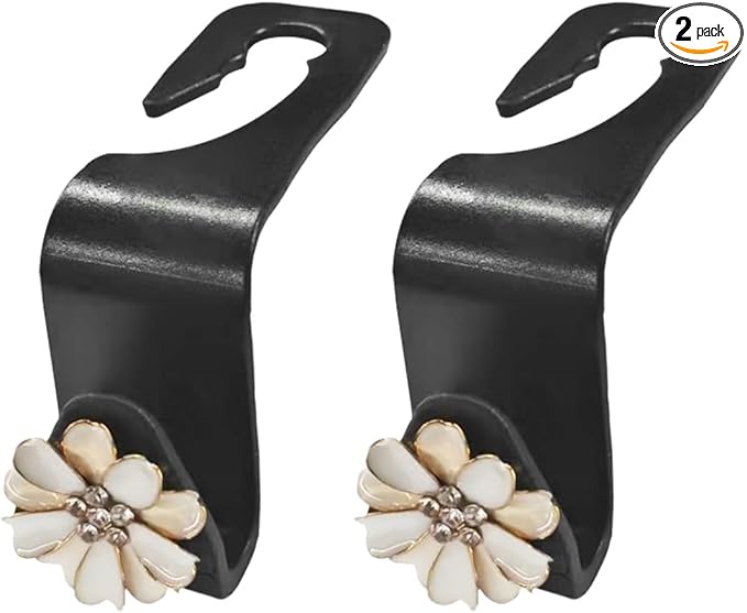 Craedli 2PCS Bling Flower Car Seat Headrest Hook, Cute Rhinestones Car Mini Hook Auto Back Seat Hanger Organizer, Portable Vehicle Interior Bag & Purse Storage Holder for SUV, Sedan, Truck (White)