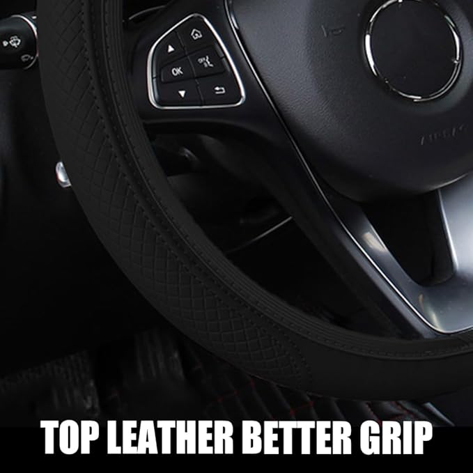 Car Steering Wheel Cover, Universal 14.5-15 Inch Black Leather Steering Wheel Wrap with Better Sport Grip for Men Women, Anti-Slip Breathable Car Interior Accessories for Most Vehicles (Black)