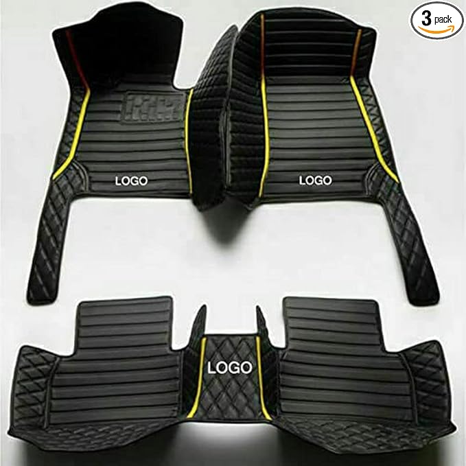 Custom Car Floor Mats Fit 96% Car Model Luxury Leather Waterproof Anti-Skid Full Coverage Liner Front Rear Mat/Set (Black Yellow Stripe)