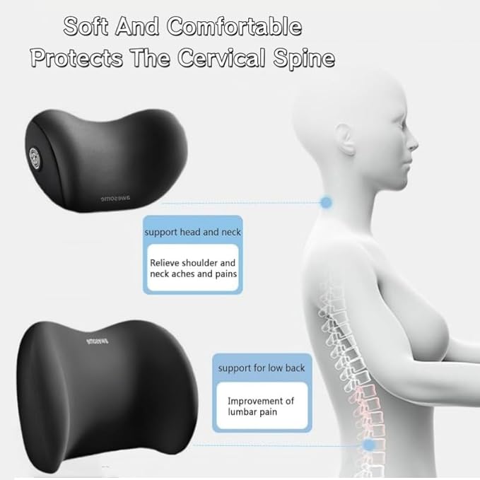 Car Headrest & Lumbar Support Cushion Kit, Ergonomic Car Seat Neck Pillow and Backseat Cushion for Driving Fatigue Relief, Driving Seat Memory Foam Neck Back Rest Pillows (Grey)