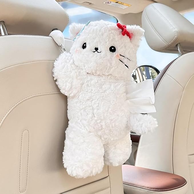Cute Cat Car Tissue Holder Plush Kitten Paper Box for Backseat Adorable Hanging Organizer & Decor for Women Pet Lovers & Gifts (White)