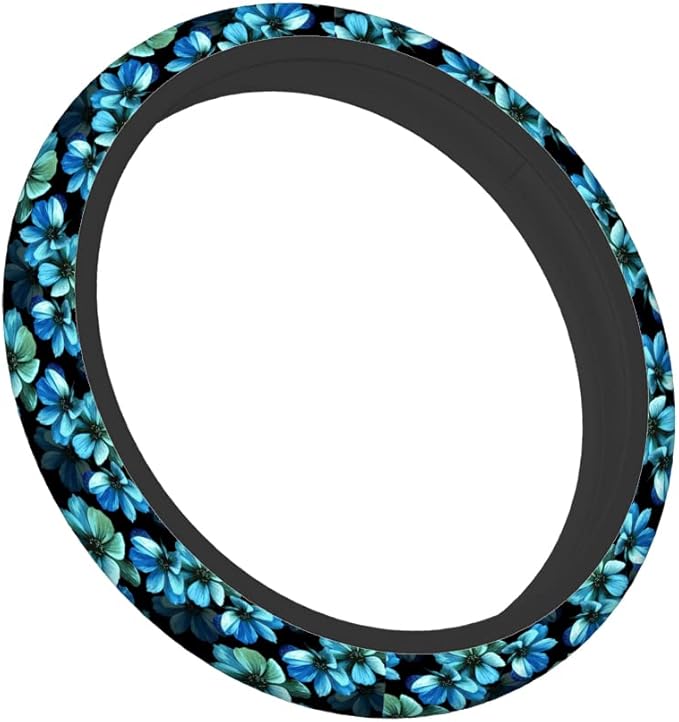 Swono Flowers Blue Car Steering Wheel Cover,Beautiful Blue Flowers On A Black Safe Driving Anti-Slip Steering Wheel Covers Steering Wheel Protection Case No Smell Universal 15 Inch