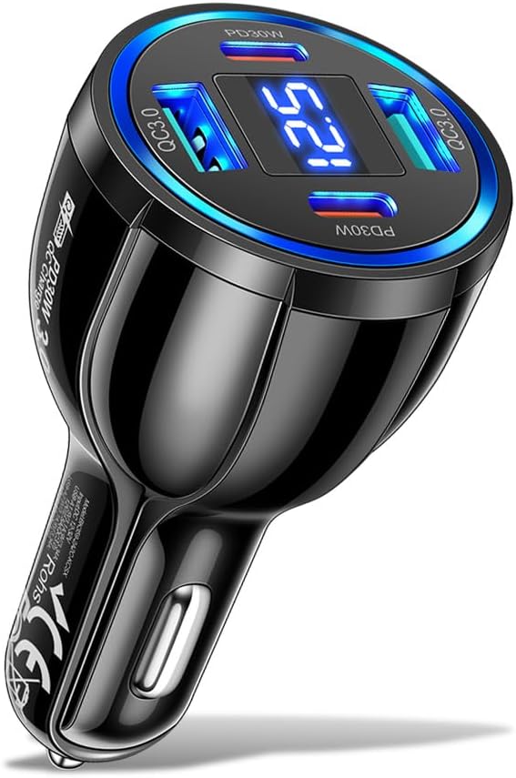 USB C Car Phone Charger Adapter with Voltmeter Compatible with iPhone 16 15 14 13 12 11, Android, Samsung, 100W 4 in 1 Multi-Port Fast Charging Cigarette Lighter USB Charger (Black)