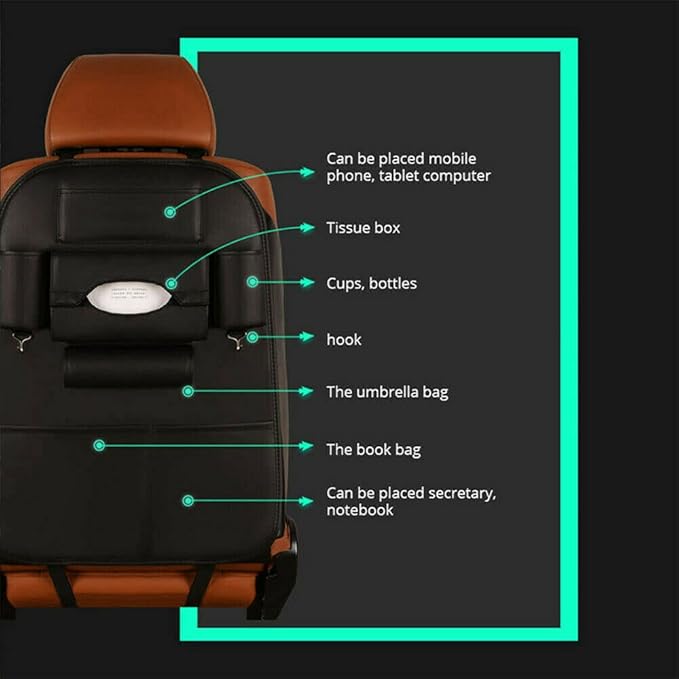 Backseat Car Organizer, PU Leather Car Seat Back Organizer Travel Storage Bag Holder Pocket Kick Mats Back Seat Protector Car Back Seat Organizer for Kids, Universal Car Travel Accessories