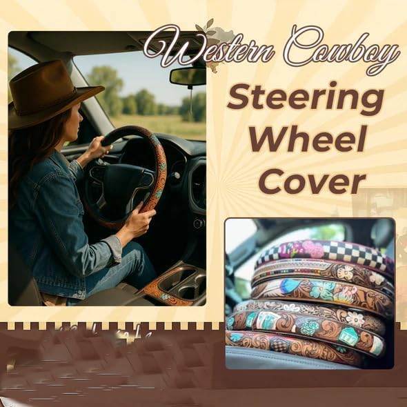 Western Steering Wheel Cover, Color Printed Embossed Hand-Painted Leather Western car Parts, for Women Man, Anti-Slip Design Easy to Install, for Trucks SUVs Cars (Style 4)