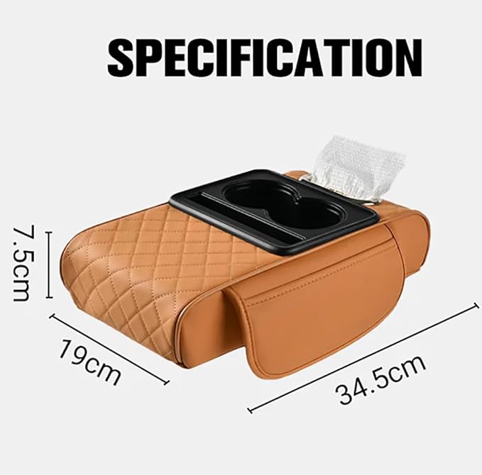 Multifunctional PU Leather Car Armrest Box Mat Organizer with Cup Holders, Universal 5-in-1 Car Armrest Storage Box Mat with Central Elbow for Most Cars (Cayenne Yellow)
