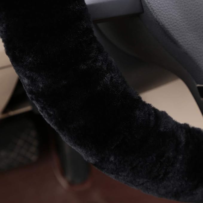 OGLAND Soft Fluffy Plush Sheepskin Car Steering Wheel Cover for Universal Auto Vehicle Women Man 14 1/2 inch-15 1/2inch Fuzzy Accessories Whole Sheepskin Black