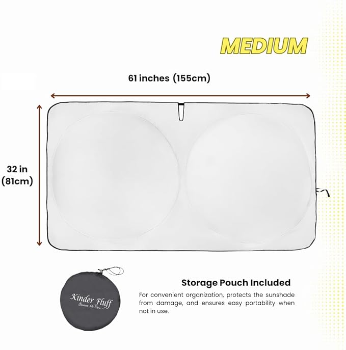 Kinder Fluff Windshield Sunshade | Reflective Patented Car Sun Protection - Certified 99% UVR Block - Cool Interior | Foldable Sun Visor Cover | Automotive Accessories for Summer Heat | Size M 61"x32"