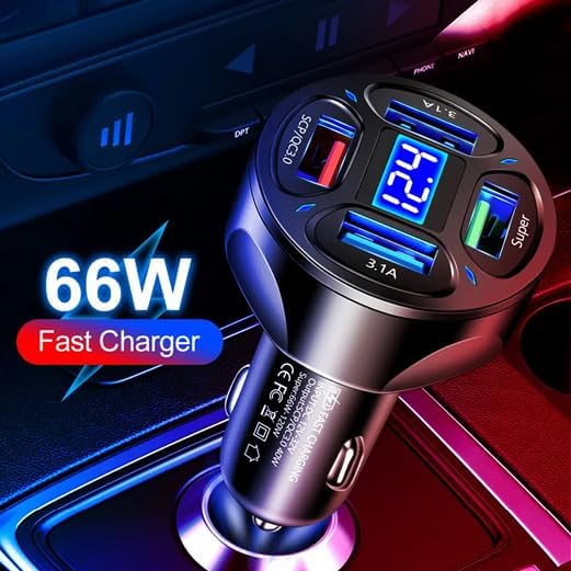 66W 4 Ports: Two USB 3.1A and One QC 3.0 Fast Car Charging, One Super Port Voltage Monitor, LED Display Adapter. Compatible with Tablets, iPhone Series, Samsung Galaxy, Google Pixel(White)