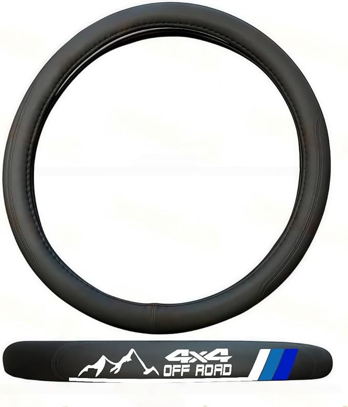Non-Slip Leather Tri-Color Mountain Steering Wheel Cover Compatible with Toyota Tacoma TRD 4Runner Tundra Highlander Accessories Fit for 14.5-15inch Steering Wheel (Blue 4X4)