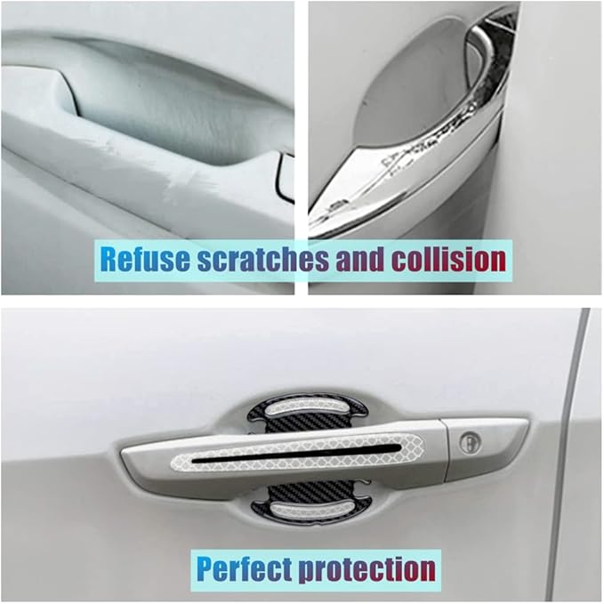 8pcs Universal 3D Carbon Fiber Texture car Door Handle Door Bowl Paint Scratch Protector Protective Cover Protective Film car Outdoor Safety Decoration Reflective Strip(Diamond White)