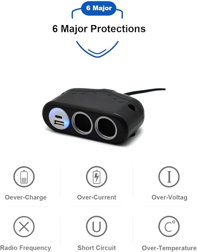 Cliff Top Dual Cigarette Lighter Adapter for Car – 12V Car Charger Splitter with PD USB-C, QC3.0 Fast Charging, Double Cigarette Lighter Sockets, 12V Car Outlet Splitter with Power Switch (45CM Cable)