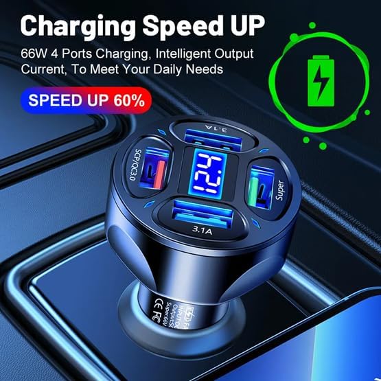 66W 4 Ports: Two USB 3.1A and One QC 3.0 Fast Car Charging, One Super Port Voltage Monitor, LED Display Adapter. Compatible with Tablets, iPhone Series, Samsung Galaxy, Google Pixel(White)