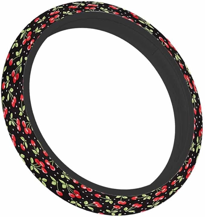 Cherry Steering Wheel Cover Red Cherry on Black Background Steering Wheel Cover for Women Men Anti-Slip Breathable Steering Wheel Protector Car Accessories