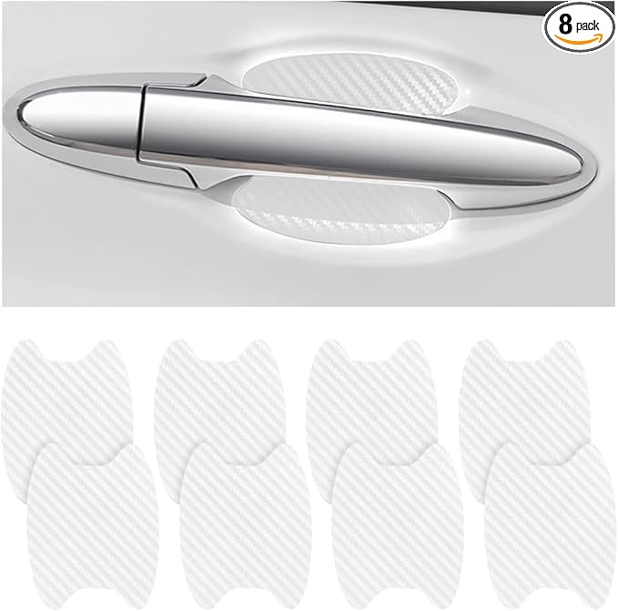 8PCS Car Door Handle Sticker, Carbon Fiber Anti-Scratches Car Door Cup Protector, Non-Marking Auto Door Handle Protective Film, Self-Adhesive Door Side Paint Protector for All Cars (White/8PCS)