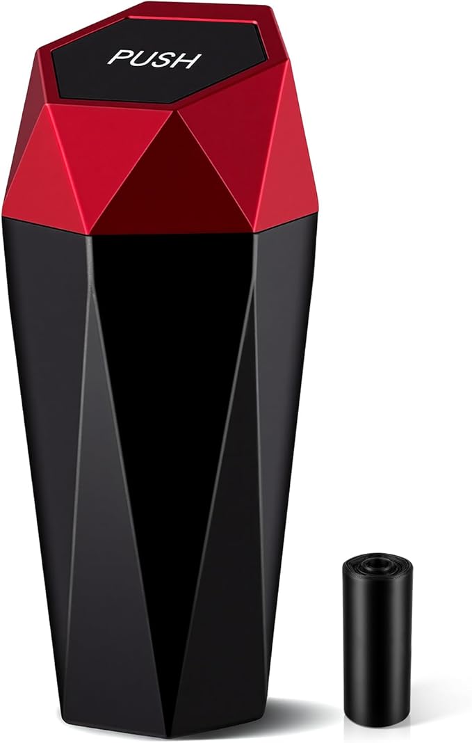 JUSTTOP Car Trash Can with Lid, Mini Diamond Design Portable Trash Can, Plastic Material and Multipurpose Organizers for Car,Home,Office(Red)