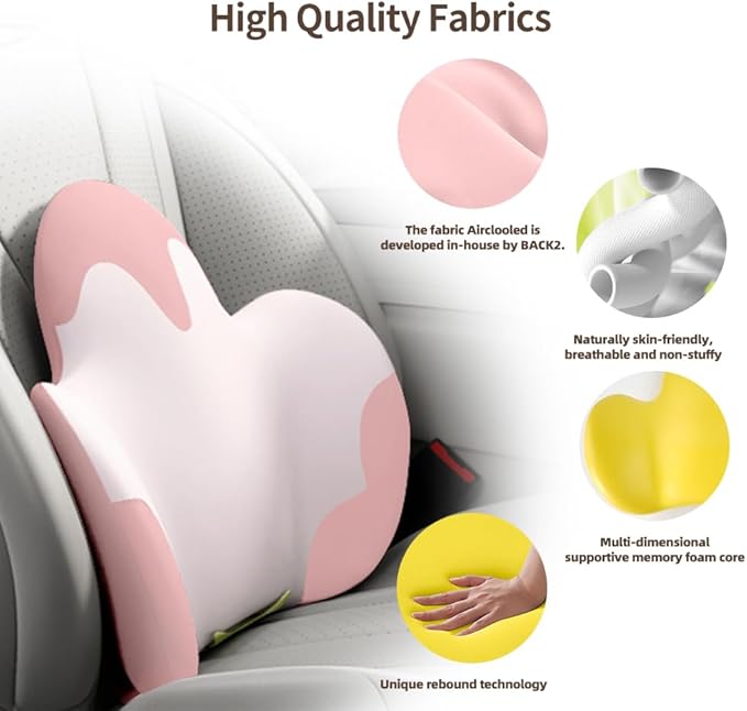 Lumbar Support Pillow for Office Chair, Car Back Support with Memory Foam, Support for Lower Back Pain Relief Lumbar Pillows, Ergonomic Back Cushion for Desk Chair, Sofa, Bed, Car Seat (Pink/White)