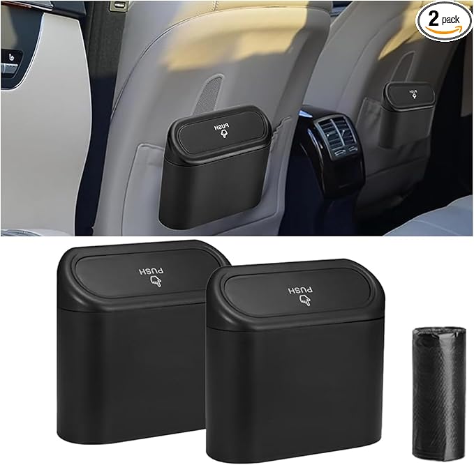 Mini Car Trash Can with Lid, Small Automotive Dustbin Garbage Container, Waterproof and Leak Resistant Car Storage Box with a roll of Plastic Trash Bags, Car Accessories Trash Bin for Vehicle, Home