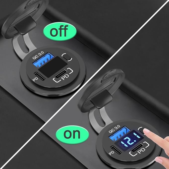 USB C Car Charger Socket, 12V USB Outlet with Voltmeter, Dual PD 30W and 18W QC3.0 Multi Port Car Cigarette Lighter Replacement Fast Charger for Boat Marine RV Vehicle