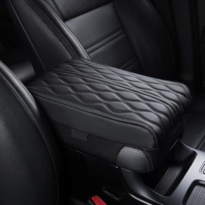 AIIONP Leather Car Armrest Box Pad, Universal Car Center Console Cover Pad, PU Leather Car Armrest Seat Box Cover Protector, Center Console Armrest Pad for SUV, Truck, Car (Black, Wave Pattern)