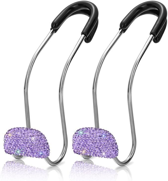 SAVORI Purse Holder for Car, Bling Car Hooks Organization Rhinestones Auto Back Seat Headrest Metal Hanger Organizer for Bags 2PCS (Purple)