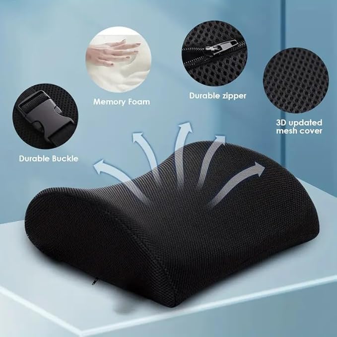 Lumbar Support Pillow，Memory Foam Lumbar Pillow for Lower Back Pain Relief，with Ventilated Mesh and Adjustable Strap， for Office Chair, Car Seat - Black