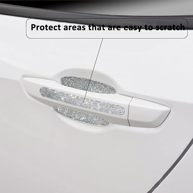 10PCS Bling Car Door Handle Reflective Trim Decals Stickers,Universal Rhinestone Door Side Rear View Mirror Scratch Resistant Protector Cover Car Accessories White