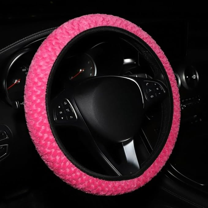 15 Inch Soft Dot Plush Steering Wheel Cover Anti-Slip Comfortable Winter Grip Universal Fit for Most Car Truck Vehicle SUV (Rose)
