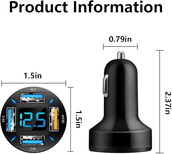66W Fast USB Car Charger Fast Charge with Voltmeter LED Light Display Car Charger Adapter Compatible for iPhone 14/13/12/11pro/x/8/S22/S22+/Ultra/S21/S10/S9