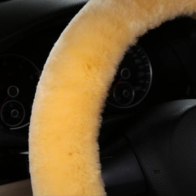 Plush Fuzzy Fluffy Wool Sheepskin Car Steering Wheel Cover for Girls Women Cozy Universal Soft Car Auto 14 1/2-15 1/2inchs (Golden Yellow)