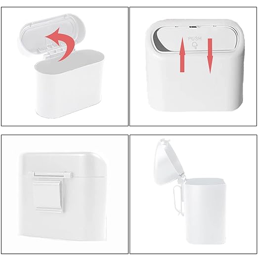 Mini Car Bin with Lid and 2 Trash Bags - White, Cute Car Accessory for Storage and Organization, Small Trash Can for Kitchen, Bedroom and Office