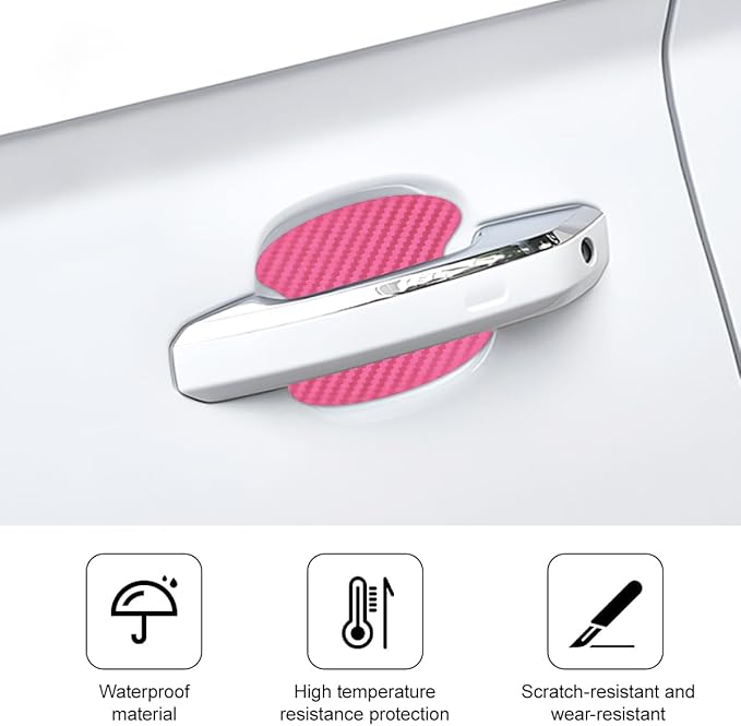 Car Door Handle Cup Scratch Protector, 4PCS 3D Carbon Fiber Vehicle Handle Bowl Sticker, Automotive Exterior Door Cup Protection Decal, Universal for SUV Caravan Automobile (Pink)