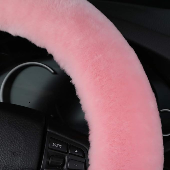 OGLAND Natural Fur Wool Sheepskin car Steering Wheel Cover,Protector for Universal Steering Wheel 15 Inchs, Anti-Slip,Comforting and Luxurious, Soft Texture, Gift for Women (Korean Pink)