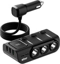 3 Socket Cigarette Lighter Splitter 3 USB+2 Type C Port Quick Car Charger Adapter with LED Voltage Display and on/Off Switch for iPhone Samsung