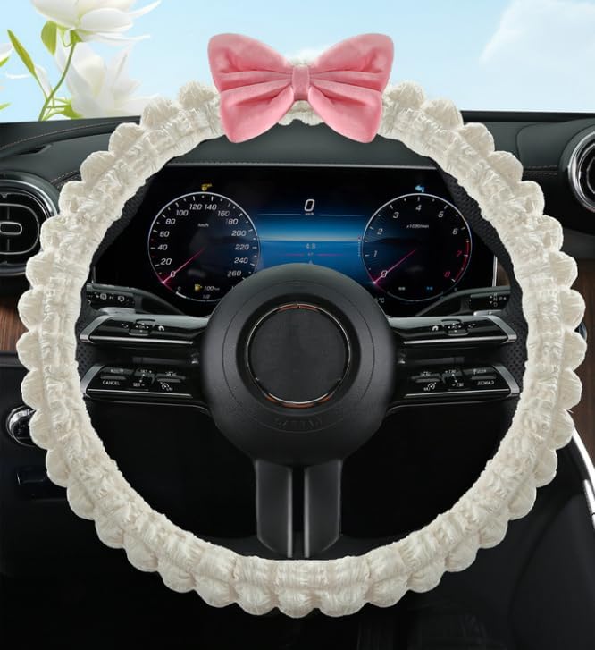 Cute Cartoon Anti-Slip Car Steering Wheel Cover - Puff Bowknot Style for Women & Girls, Universal Fit Auto Handlebar Cover, Fun Car Interior Accessories Gifts for Sister (White)