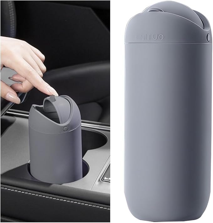 Car Trash Can with Lid, Silicone Leakproof Mini Round Vehicle Garbage Bin for Cup Holder, Portable Automotive Interior Waste Storage & Organizers Accessories, Universal Fit (Gray)
