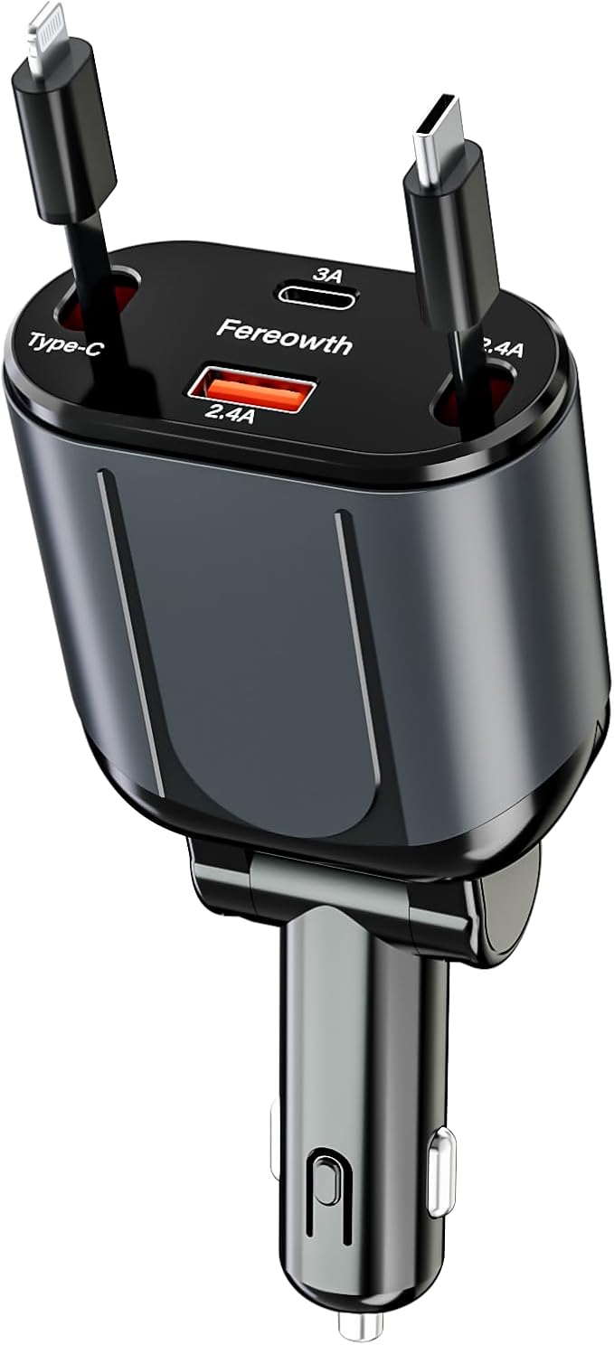Fereowth Retractable Car Charge 4 in 1 Fast Car Phone Charger Adapter PD 62W Phone Retractable Cables (31.5 inch) and 2 USB Ports Car Charger， Compatible with iPad,Samsung,Pixe iPhone 15/14/13, Black