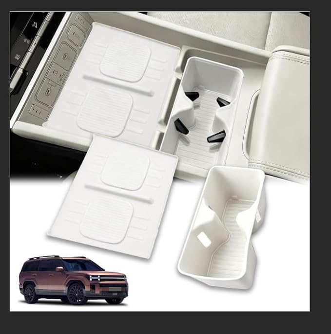 Cup Holder Insert & Wireless Charging Protective Mat for 2024 2025 2026 Hyundai Santa Fe White 2Pcs (Scratch & Scuff Free) (Easy to Clean) Center Console for Hyundai Santa Fe Accessories