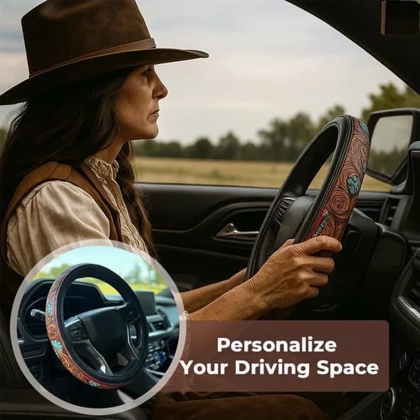 Western Steering Wheel Cover, Color Printed Embossed Hand-Painted Leather Western car Parts, for Women Man, Anti-Slip Design Easy to Install, for Trucks SUVs Cars (Style 4)