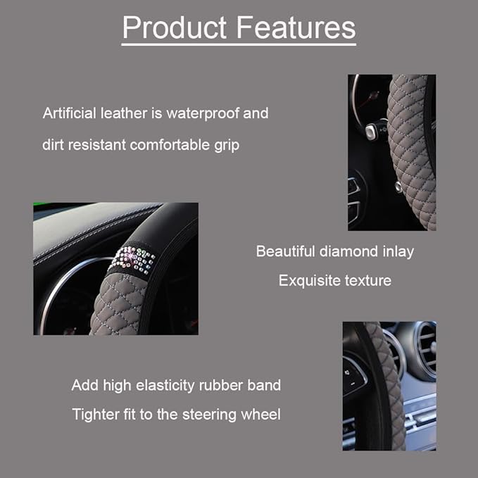 WLERIR Microfiber Leather Steering Wheel Cover with Anti-Slip Lining Universal Car Accessory for Steering Wheel with a Diameter of 14.5-15 inch (Grey)
