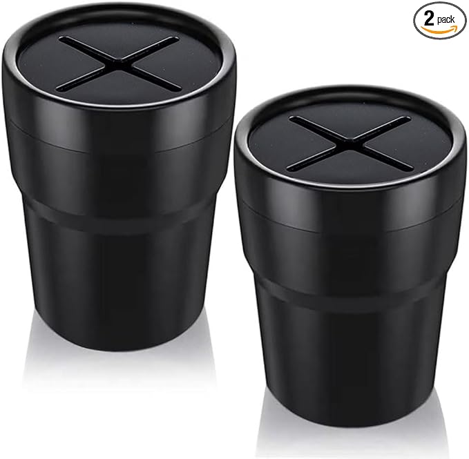 FIOTOK Car Trash Can with Lid, Mini Auto Garbage Can Leakproof Vehicle Trash Bin Fits Cup Holder in Console or Door for Automotive Car, Home, Office, Kitchen, Dinning Room 2 Packs