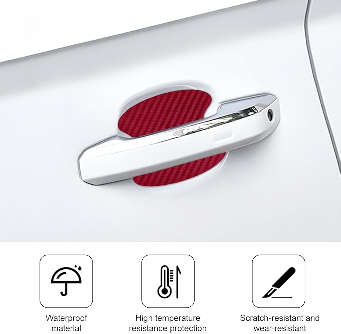 Car Door Handle Cup Scratch Protector, 4PCS 3D Carbon Fiber Vehicle Handle Bowl Sticker, Automotive Exterior Door Cup Protection Decal, Universal for SUV Caravan Automobile (Wine Red)